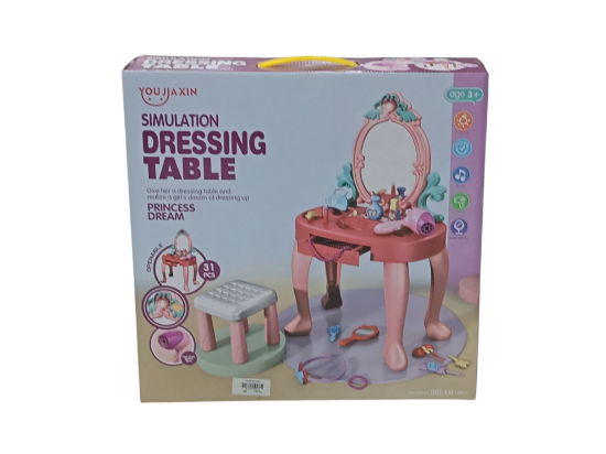 صورة طاولة تزيين الأميرة المحاكية  هي لعبة لعب أدوار مصممة تتكون من 31 قطعة مع الكرسي  للأطفال بعمر 3 سنوات فما فوق